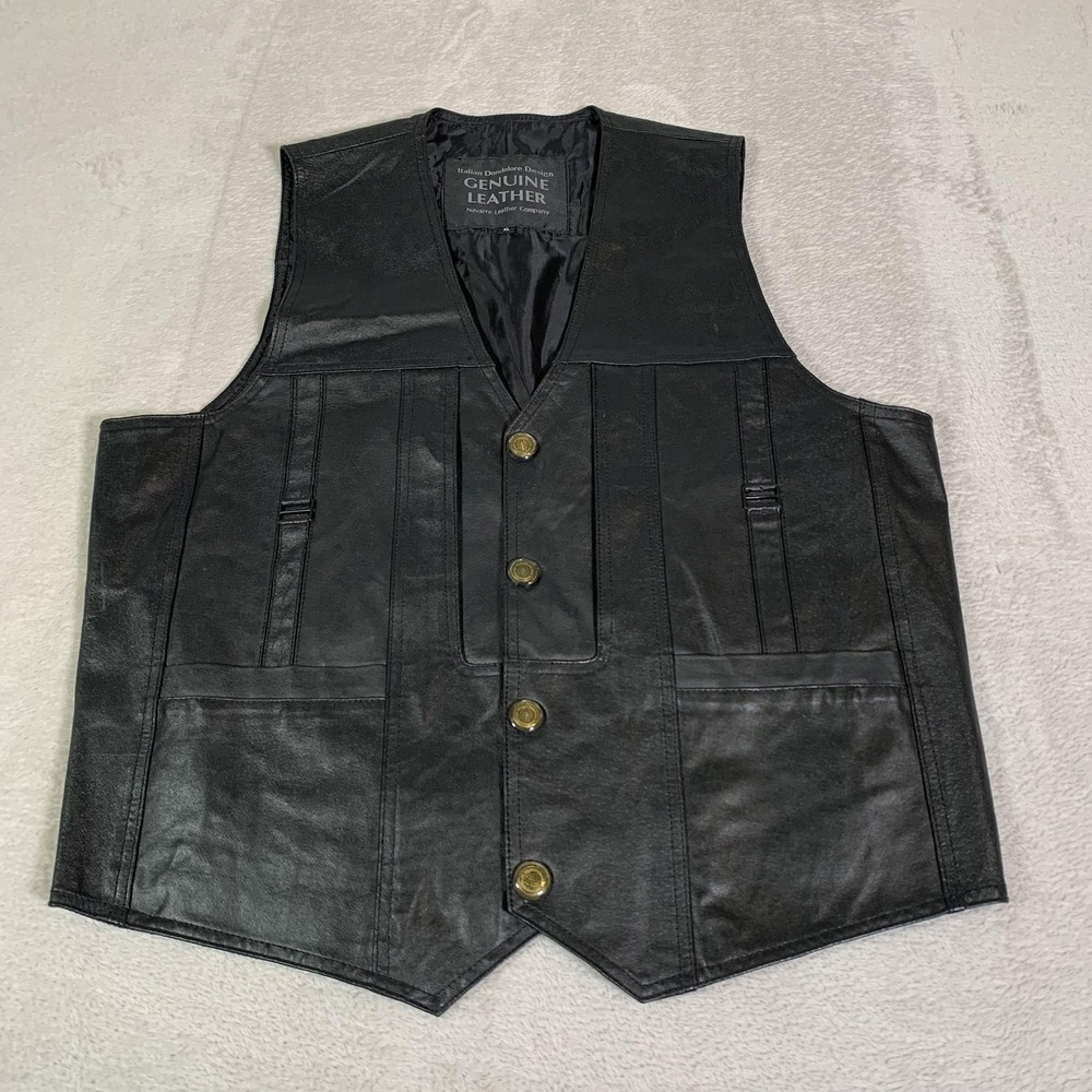 Navarre Leather Company Vest Women XL Black Genuine Leather Biker Button Pockets